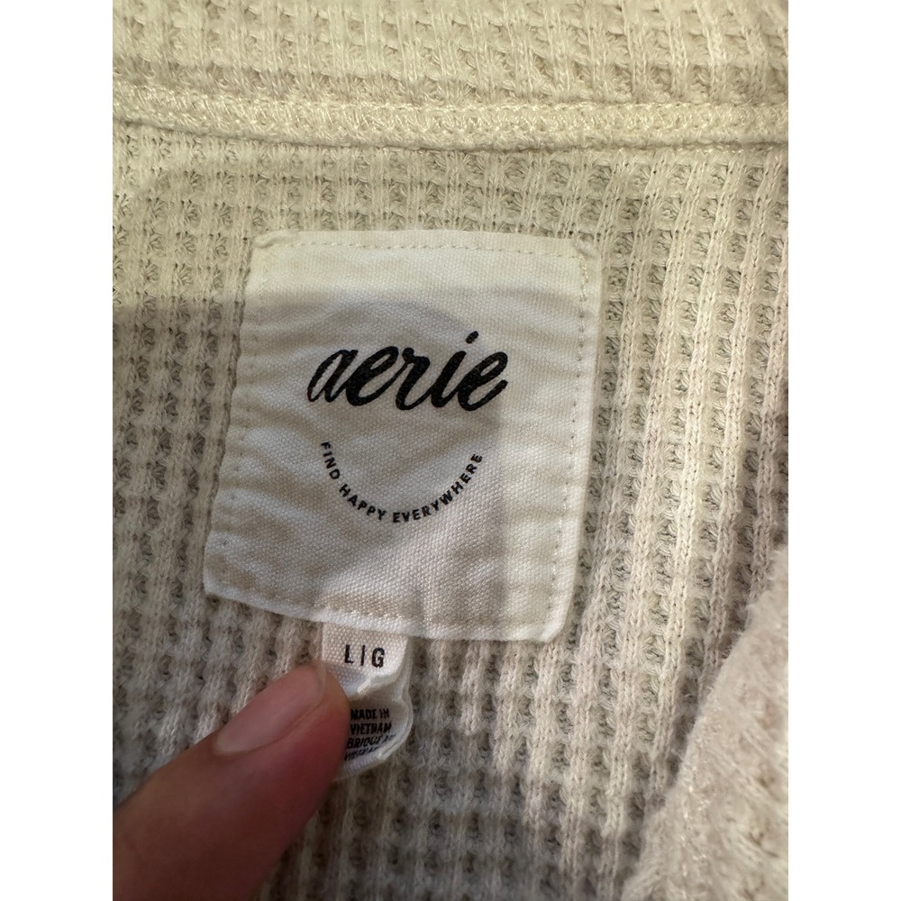 Aerie LumberJane Waffle Knit Button Down Shirt Oversized Cream Large L |C1 - Picture 3 of 5